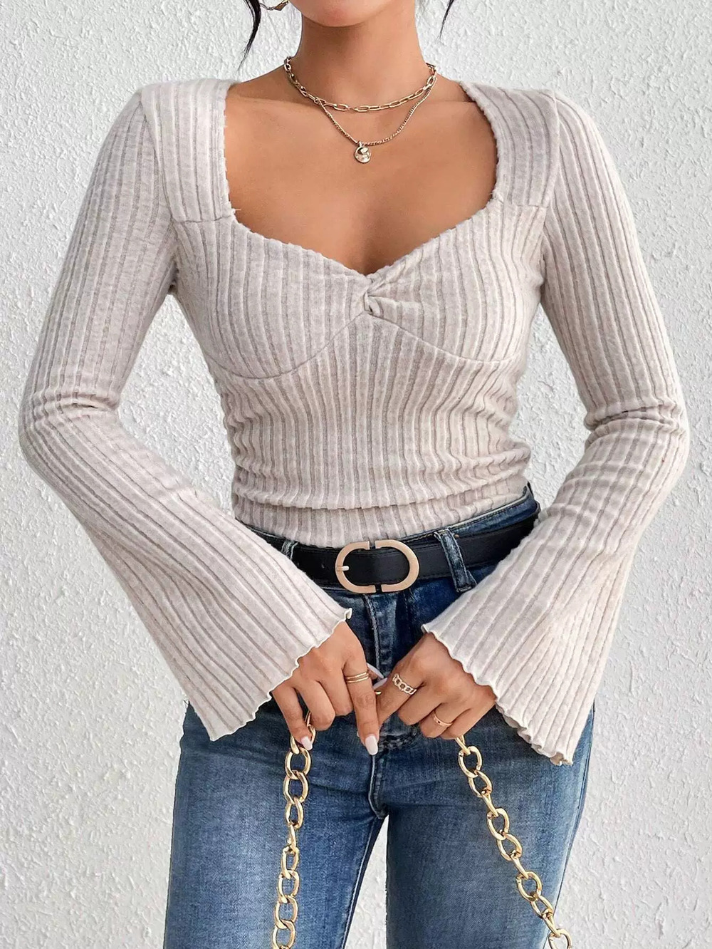 ZARA Sophisticated Spring Summer Square Neck Bell Long Sleeve Slim Fit Blouse